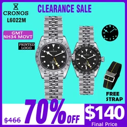 Cronos Vintage GMT 39mm NH34 Automatic Men Watch Mechanical Sapphire Glass Date Window BGW9 LUM Jubilee 5 Links Bracelet L6022M