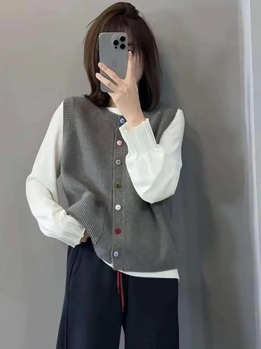 

Soft Cozy Chic Deep Grey round Neck Knitted Vest Cardigan Women's Spring Autumn Style Layering Meat Covering Sweater Vest