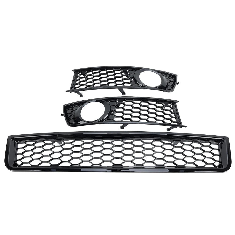 3 قطعة المصد الأمامي السفلي شواء + شبكة مصابيح الضباب لأودي A4 B6 2001-2005 ABS لمعان أسود استبدال أجزاء شبكة العسل #3