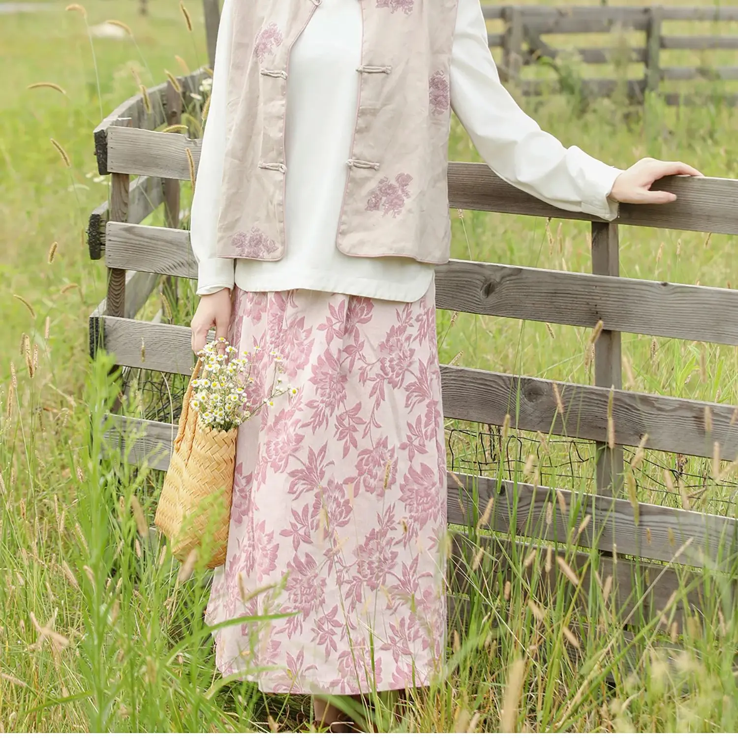 

LZJN Ретро-юбка с эластичной резинкой на талии и цветочным принтом на весну и осень, юбка трапециевидной формы с высокой талией средней длины, элегантная богемная юбка-зонтик