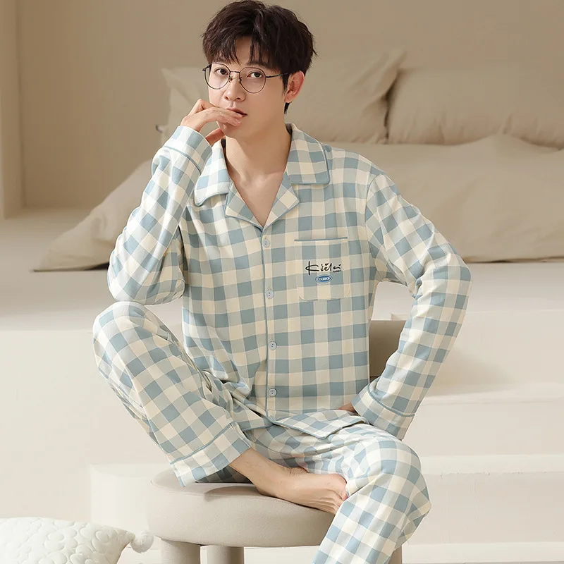 Autumn Winter Men's 100% Pure Cotton Pajamas Lapel Long Sleeve Plaid Cardigan Pants Oversized Comfortable Casual Home Clothing