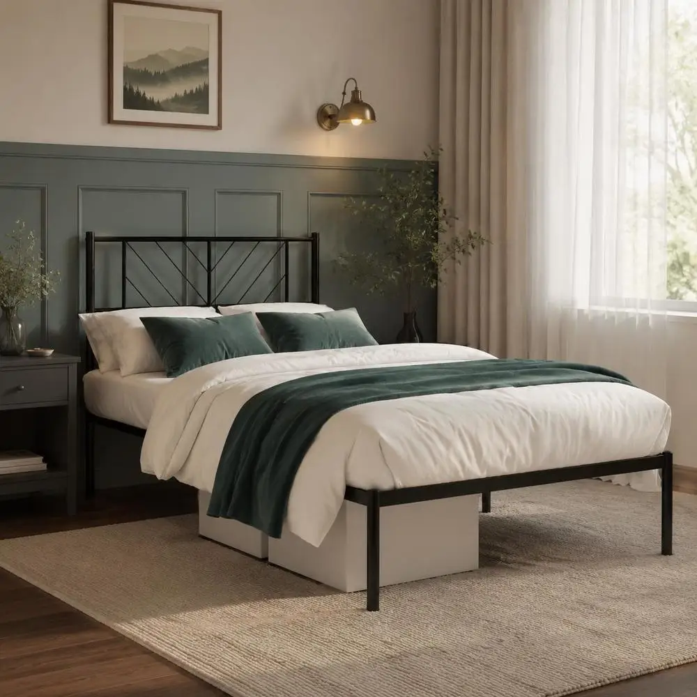 Cadre de lit en acier thermolaqué 80 x 200 cm avec sommier à lattes métalliques et espace de rangement sous le lit, design classique élégant pour chambre principale, studio et logement familial