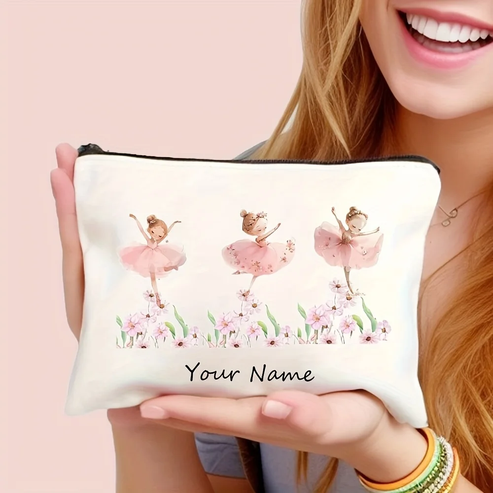 Custom Cute Cartoon Pink Floral Themed Design Elements Featuring a Ballet Girl, This Adorable Makeup Bag Is Durable And Spacious