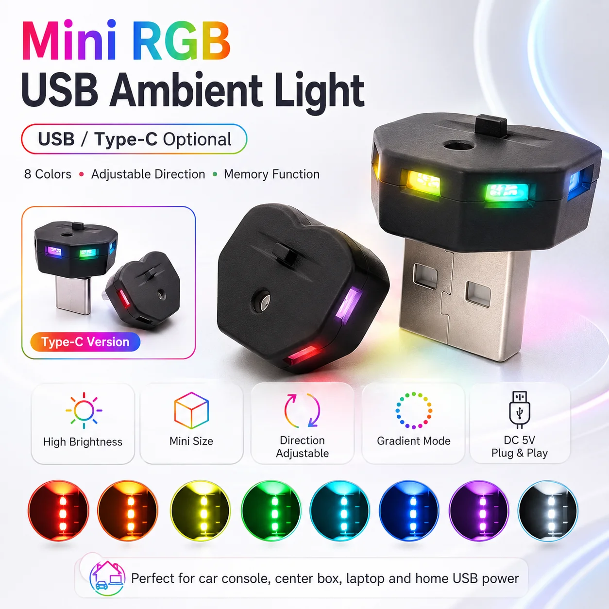 USB RGB Ambient Light Mini LED Night Lamp Auto Light Sensor Direction Adjustable For Car Interior Console PC Type-C