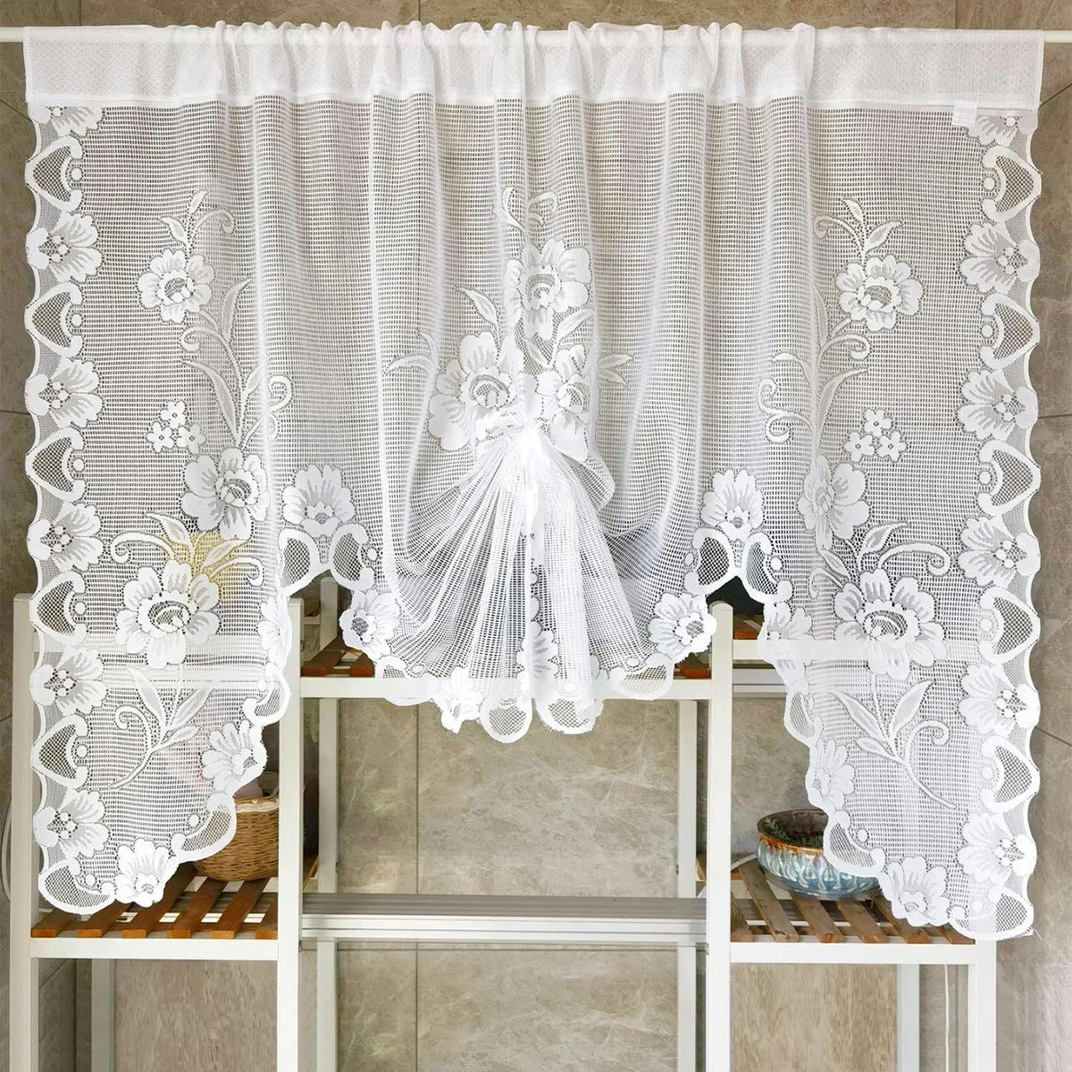 Cortina de renda transparente bordada floral estilo princesa cortina cascata bordada para cozinha banheiro meia janela