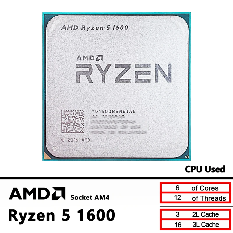 AMD Ryzen 5 1600 R5 1600 3,2 ГГц Используется GAMING Zen 0,014 Шестиядерный двенадцатипоточный процессор 65 Вт YD1600BBM6IAE Разъем AM4