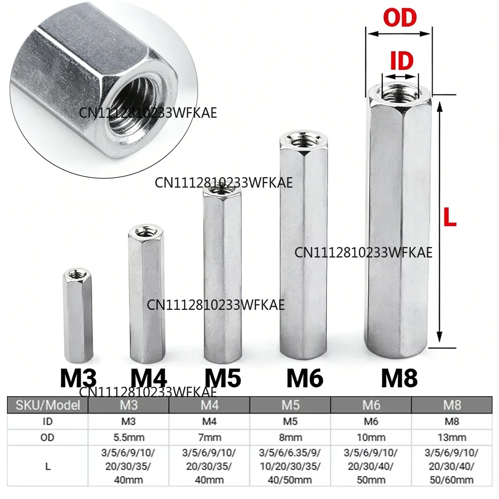 100pcs Aluminium Threaded Hex Spacers M3/M4/M5/M6/M8 Hexagon Standoffs Extend Long Coupling Nut Connector Fasteners