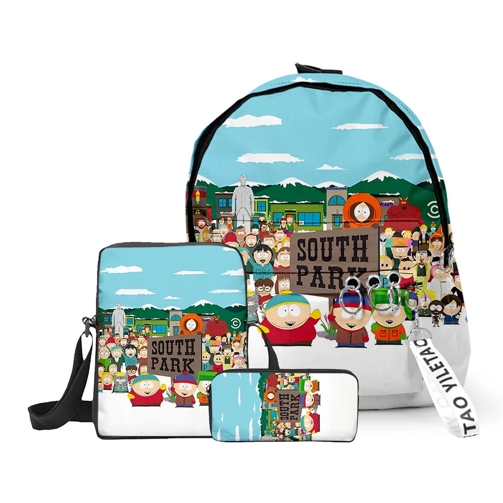 Cartoon Popular SOUTH PARK 3D Print 3pcs/Set pupil School Bags Oxford Key Chain Backpack Inclined shoulder bag Pencil Case