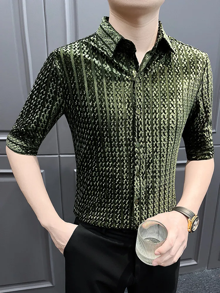 Trendy Men's Ice Silk Seven Sleeve Shirt Summer Mesh Casual Business Shirts Social Nightclub Hairstylist Stage Performance Shirt