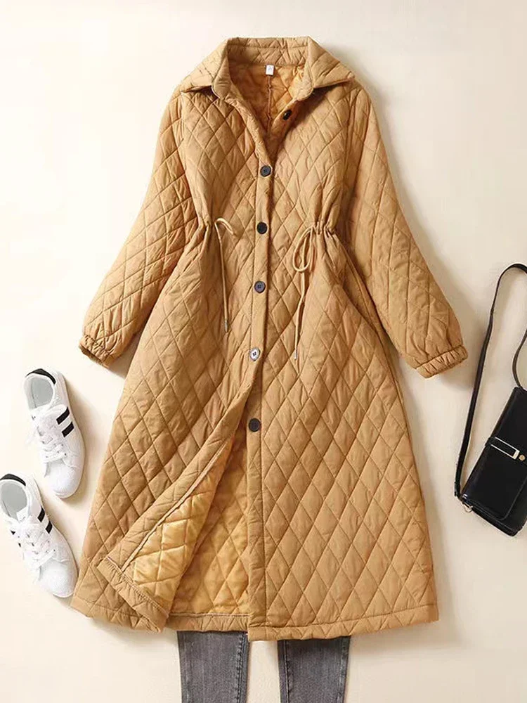 Winter Long Down Cotton Jackets 2024 New Women Fashion Cotton-padded Plaid Warm Coat Slim Puffer Quilted Outerwear Parkas Z493