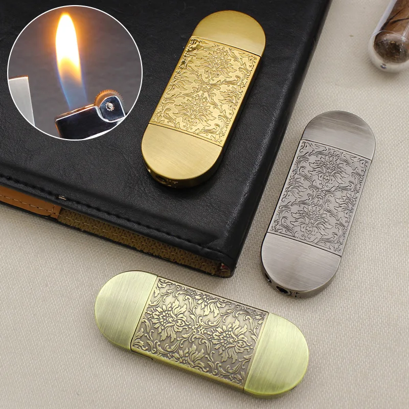 

Classic Ultra-thin Inflatable Lighter Metal Windproof Grinding Wheel Flint Open Flame Butane Gas Lighter Men's Smoking Gadget
