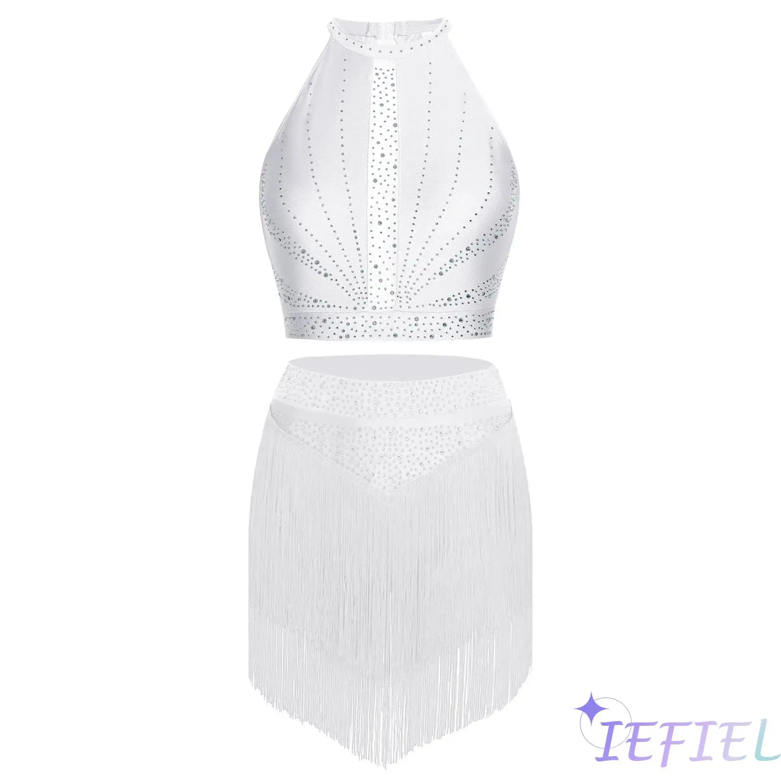 Womens Latin Jazz Dance Outfit Sleeveless Rhinestone Top Keyhole Back Top with Tiered Tassel Skirt for Cha Cha Salsa Tango Show