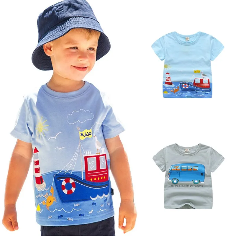 Summer Boys Cartoon T-shirt Car Ship Train Cotton T Shirt  For 1-6Y Boy Kids Tops Children Clothing Kindergarten Clothes