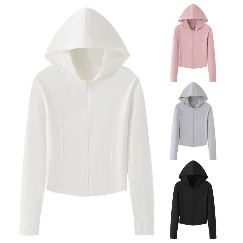 Women Summer Sun Protection Jacket Breathable Anti-UV Hooded Shirt Lightweight Solid Color Outdoor Hiking Sports Casual Zip Top