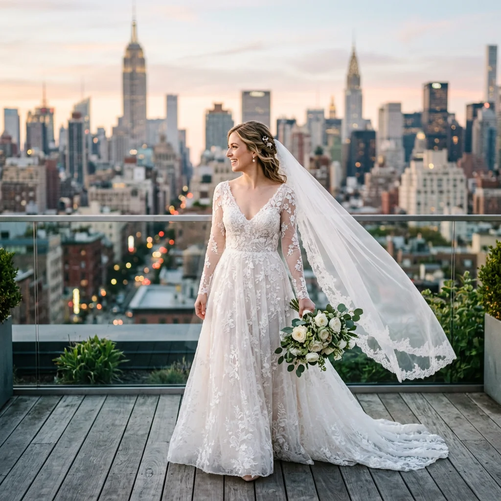 V Neck Long Sleeve Lace A Line Wedding Dress Floral Appliques Tulle Chapel Train Bridal Gown