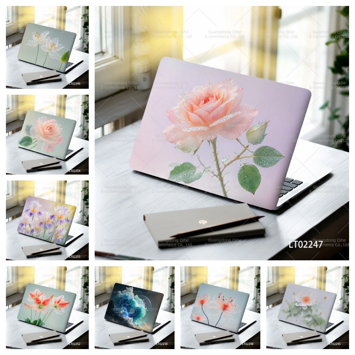 2PCS Rose Flowers Laptop Skin Sticker, Fresh Floral Waterproof PVC Decal MacBook Aesthetic Notebook Closet Ornamental Stickers