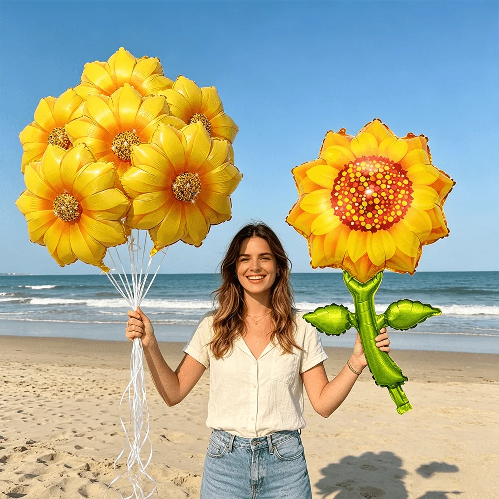 8 Stück gelbe Sonnenblumen-Aluminiumfolienballons mit weißen Bändern, Geburtstag, Hochzeit, Jahrestag, Party-Dekoration, Foto-Requisiten