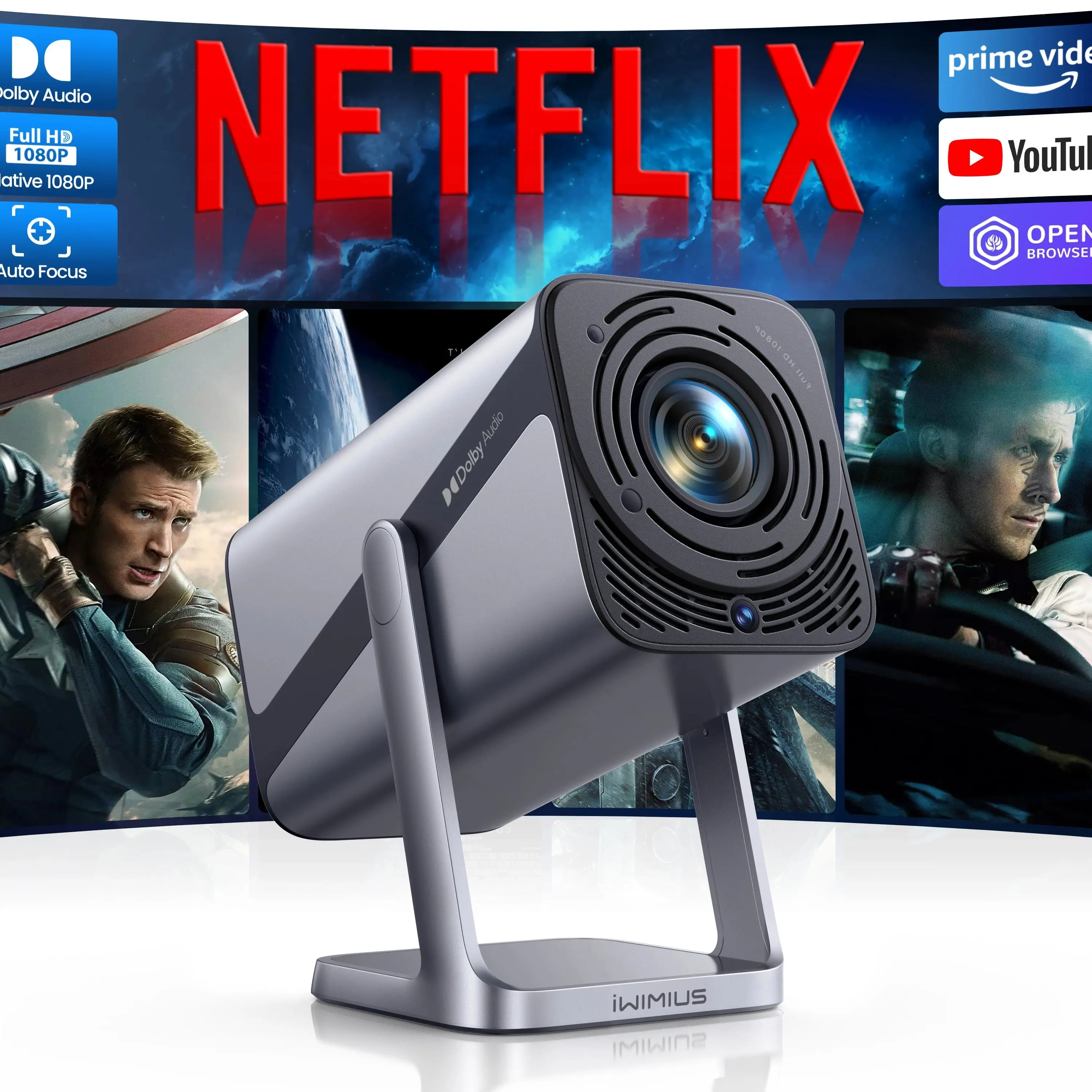 Wimius 4K Video Mini Tragbarer Projektor 960ANSI Autofokus WiFi6 BT5.2 Full HD 1080P Android Film-Projektor Offiziell Netflix-kompatibel