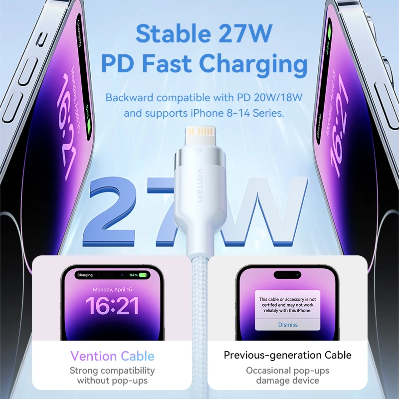 Vention PD 27W USB Type C to Lightning Fast Charge Cable For iPhone 8-14 Series USB Type C to Lightning Charging Cables For iPad