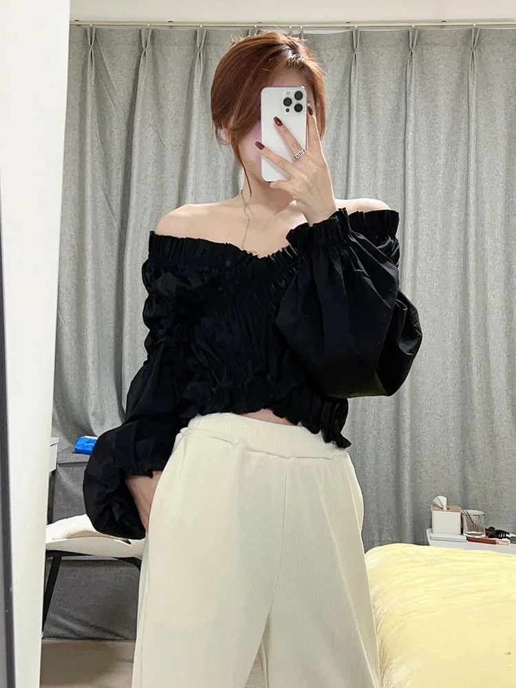 

Black One-Shoulder V-Neck Long Sleeve Shirt Women's Spring Autumn 2024 New Style Waist-Cinched Short Length Top Bubble Sleeve