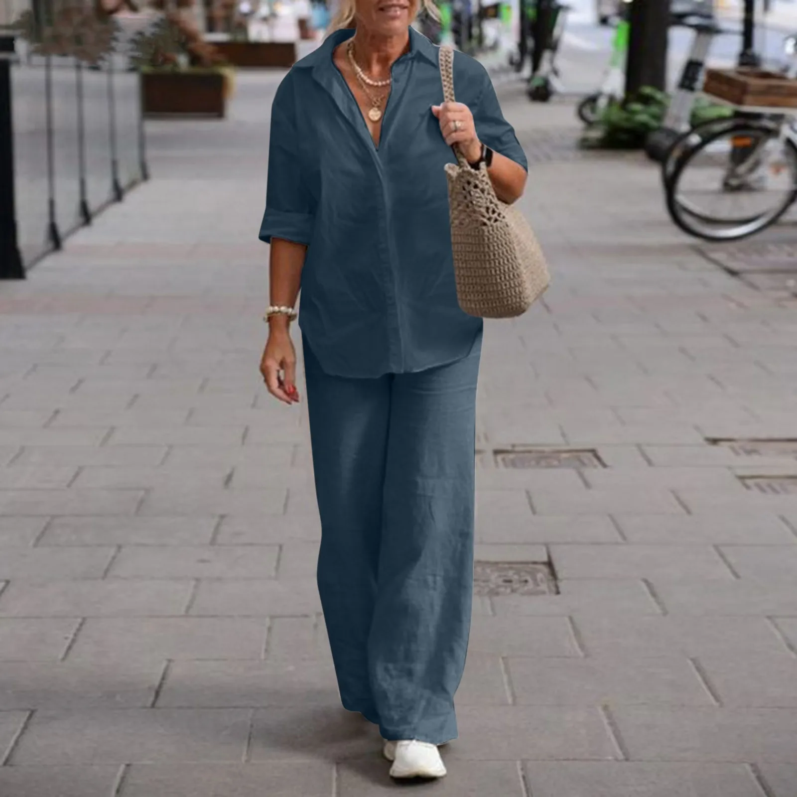 

1 Set Trendy Women Summer Suit Two-piece Set Plus Size Casual Outfit Linen Top Long Pants Women Summer Suit Women Outfit