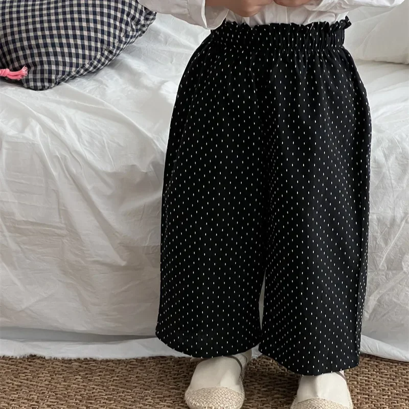 Girls Pants 2024 Autumn New Childrens Wear Korean Girl Baby Foreign Solid Color Cotton Polka Dot Bract Waist Straight Pants