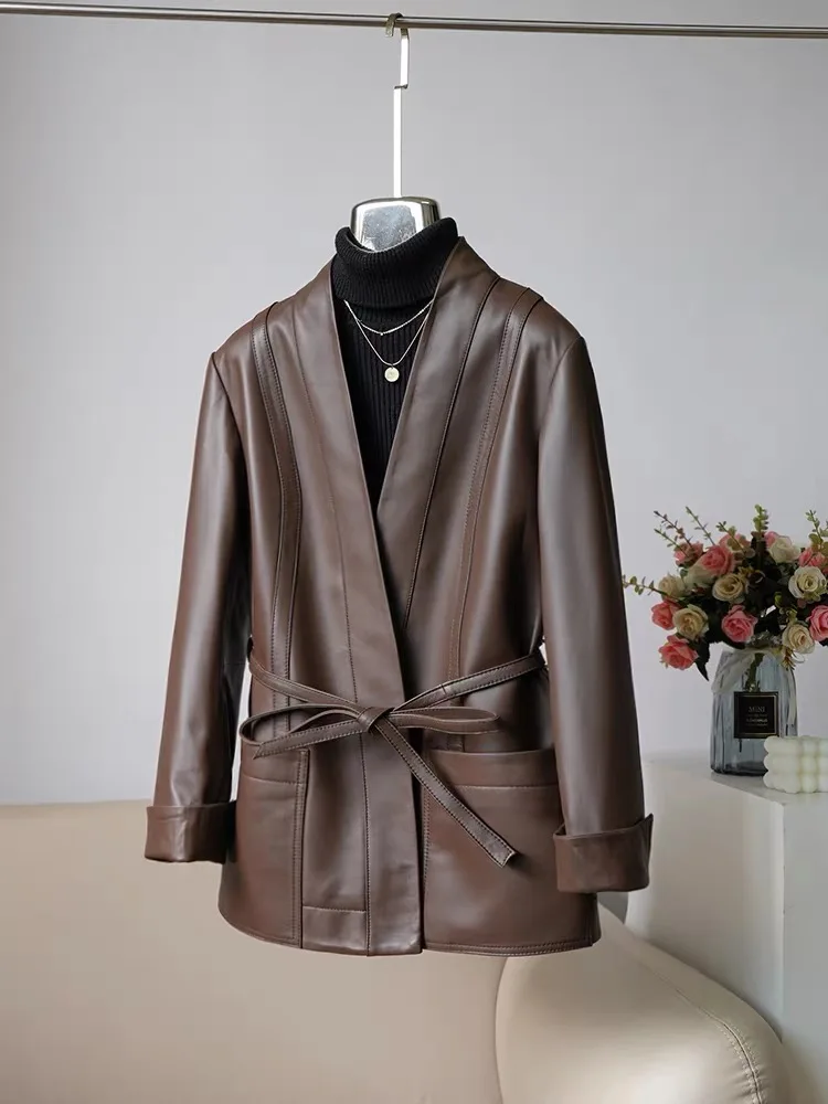 ملابس مستوردة من جلد الغنم أوشحة جلدية حقيقية سترة نسائية برقبة على شكل حرف v سترة طويلة متوسطة غير رسمية مع وشاح Abrigo Mujer