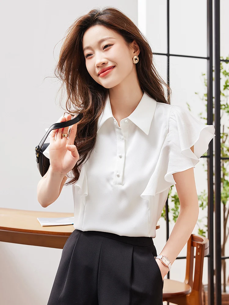 2025 夏のファッションノースリーブターンダウン襟女性ブラウス白シフォンブラウスシャツ女性トップス Blusas デ Mujer Camisas N500