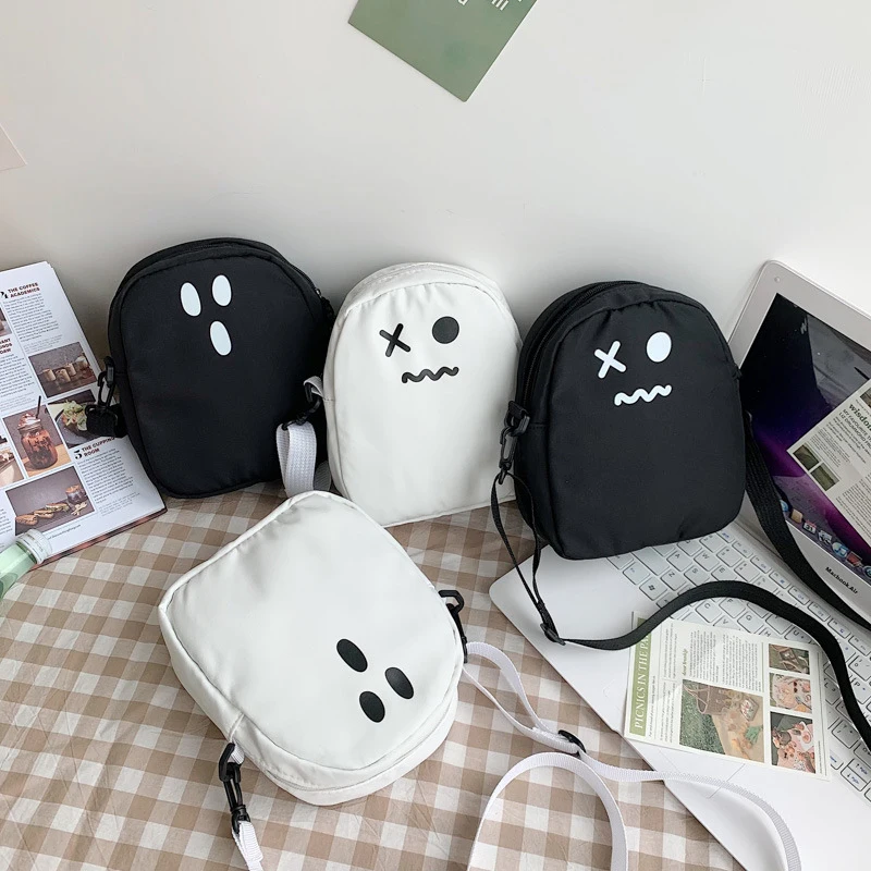 Bolsa Crossbody de lona preta e branca para mulheres, Bolsas dos desenhos animados, Fantasma bonito, Bolsas de Ombro Kawaii, Engraçado