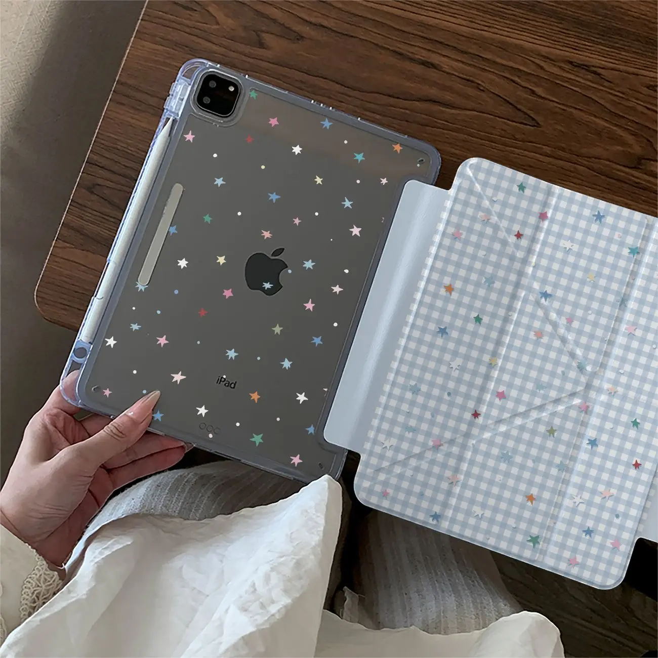 Ins Grid Stars iPad Case For iPad Pro 11 13in 2025 iPad Pro 12.9in Air7 10th 11th M4 M5 Y-Shaped Folding Magnetic Buckle Cover