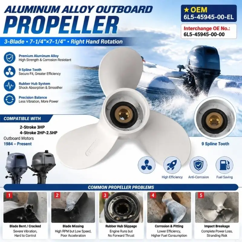 M76E Marine-Bootspropeller-Ersatz, 3-Blatt-Außenbordmotorpropeller aus Aluminium für 2-3 routinemäßige Wartung mit – Detail 8