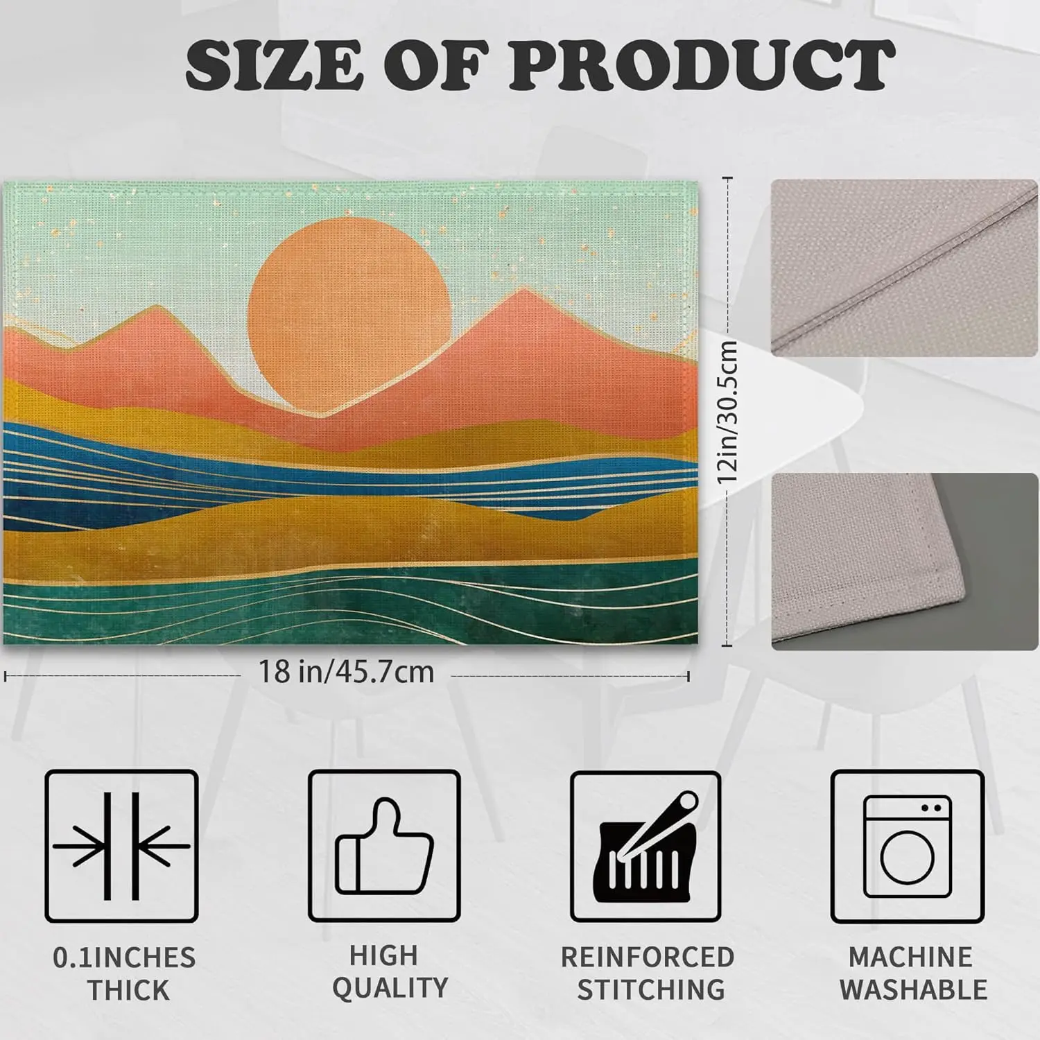 Boho Mountain Linen Placemats Set Of 6,12x18 Inch Sunset Landscapes Washable Table Mats Heat Resistant Place Mats For Home Party