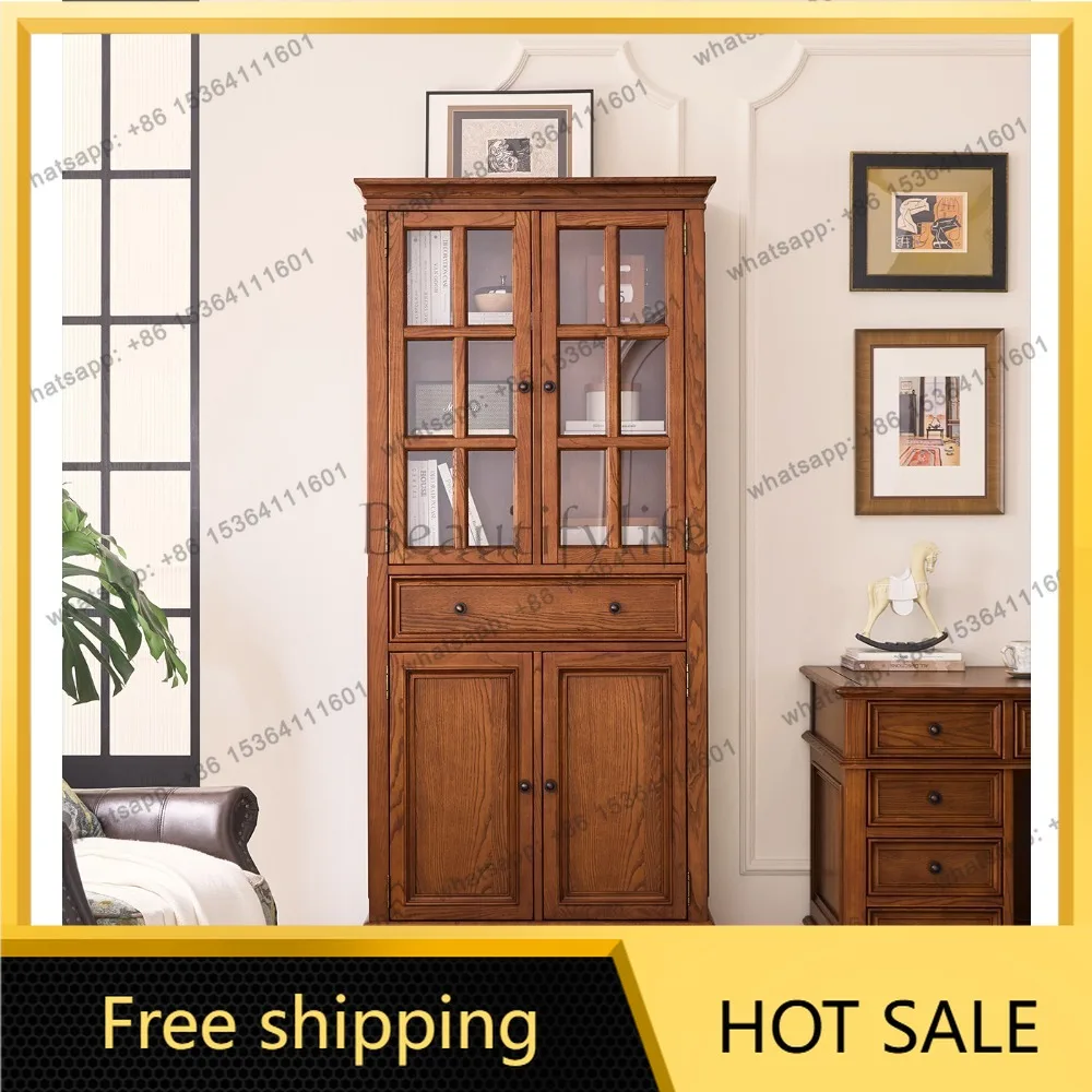 FG American retro solid wood, locker solid wood double door bookshelf short bookcase