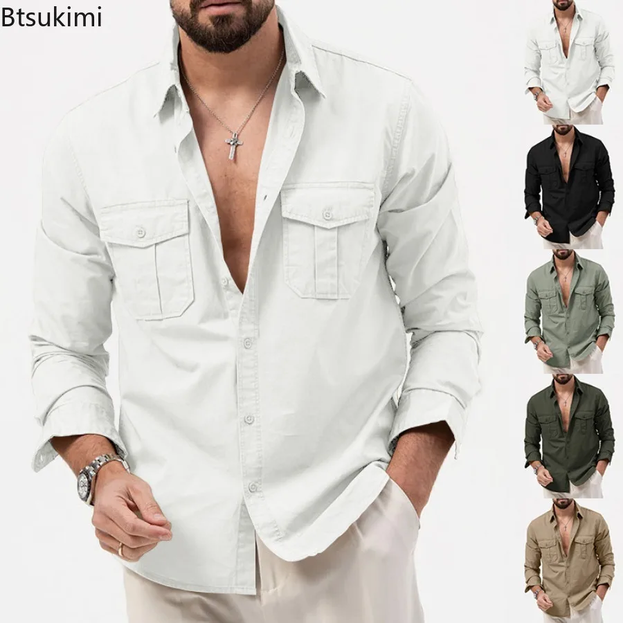 Safari Style Cotton Shirts Men's Outdoor Casual Work Travel Shirt Coats Solid Long Sleeve Hiking Camping Shirt with Flap Pockets