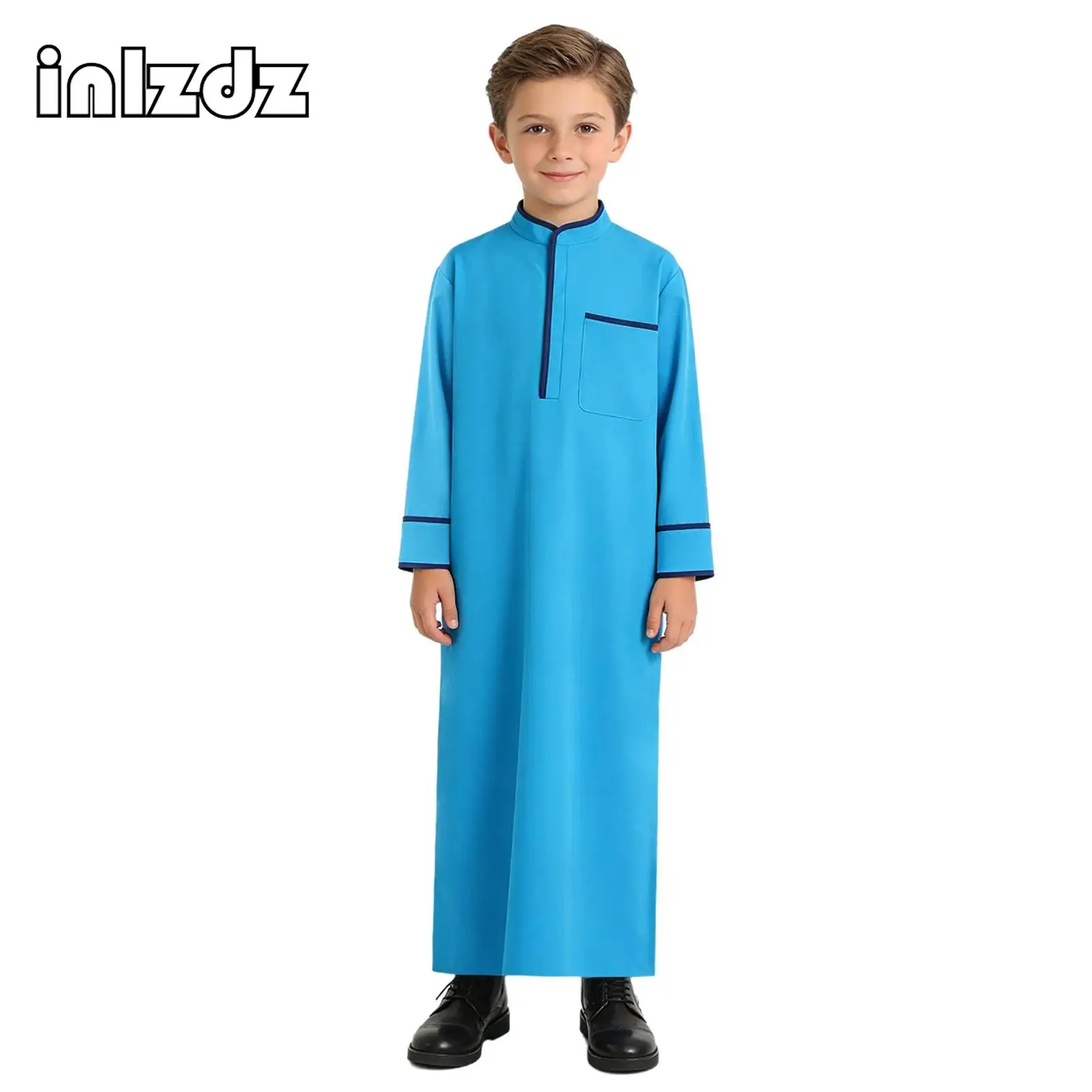 

Boys Muslim Thobe Arabic Middle East Loose Loose Kaftan Long Sleeve Contrasting Color Trim Robe with Pocket for Festival Party
