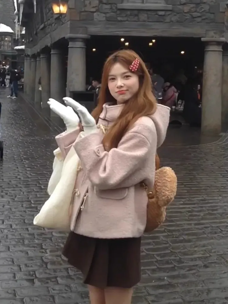 

Pink Sweet Hat And Button Thiened ort Coat for Women Autumn Winter Plaid Cotton Woolen Outerwear Commute Sle Regular Fit