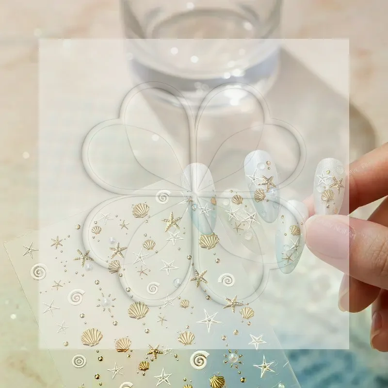 Gold Stamped 5D Waterproof Nail Stickers Self Adhesive Shell Starfish Pearl Conch Pattern for All Occasion Manicure