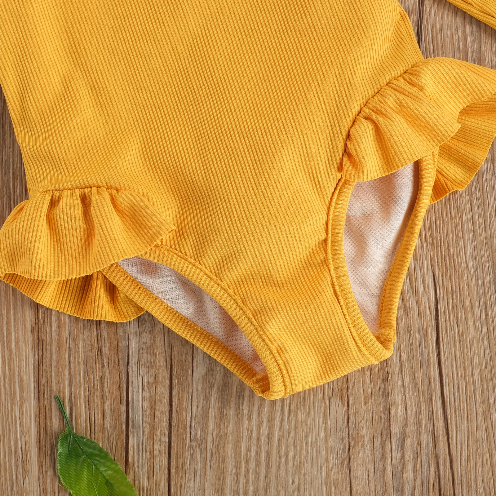 Tregren 1-5Y Kids Girls Swimsuit Ruffle Long Sleeve Knit Solid Color Swimwear Children Hot Spring Pool Bathing Suit Beachwear