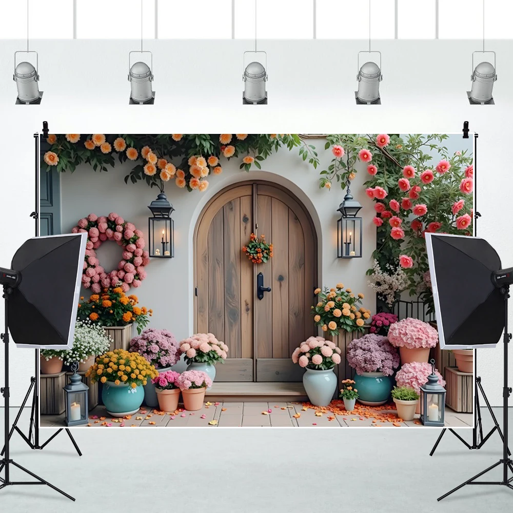 소박한 꽃 집 웨딩 사진 배경 아치 문짝 나무 보드 바닥, 아기 초상화 배경 사진 스튜디오 소품