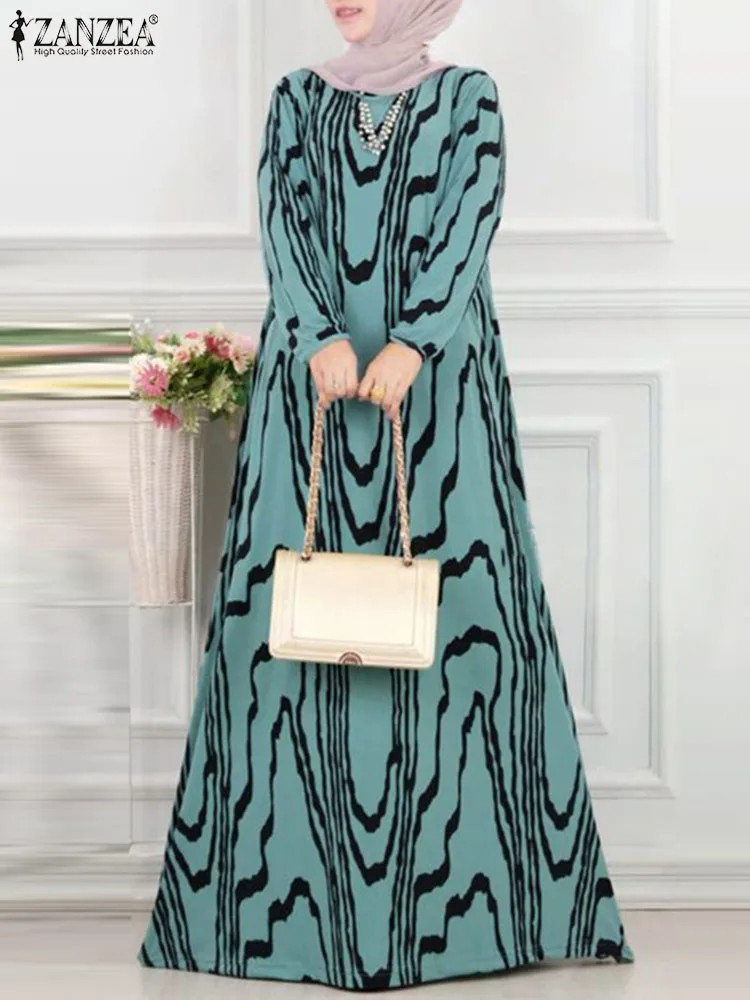 ZANZEA-Robe musulmane à manches longues et col rond pour femmes, robes longues de soirée décontractées, hijab islamique turc Abaya, robe caftan, impression élégante