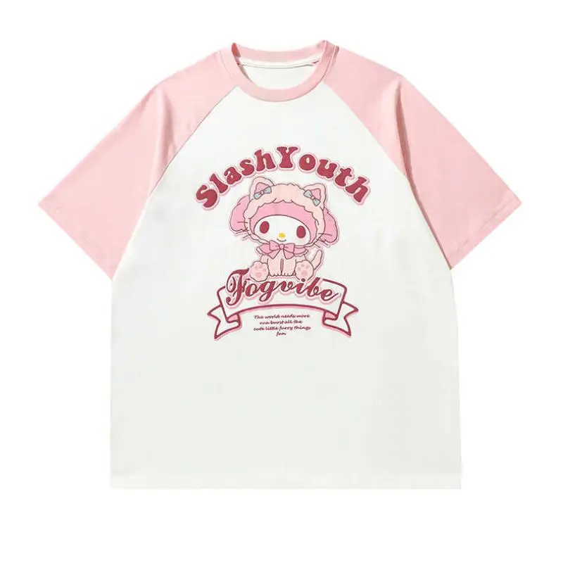 

Sanrio новая футболка Melody с милым милым мультяшным принтом и цветными блоками со рюшами для девочек, студенческая свободная повседневная футболка с короткими рукавами из чистого хлопка