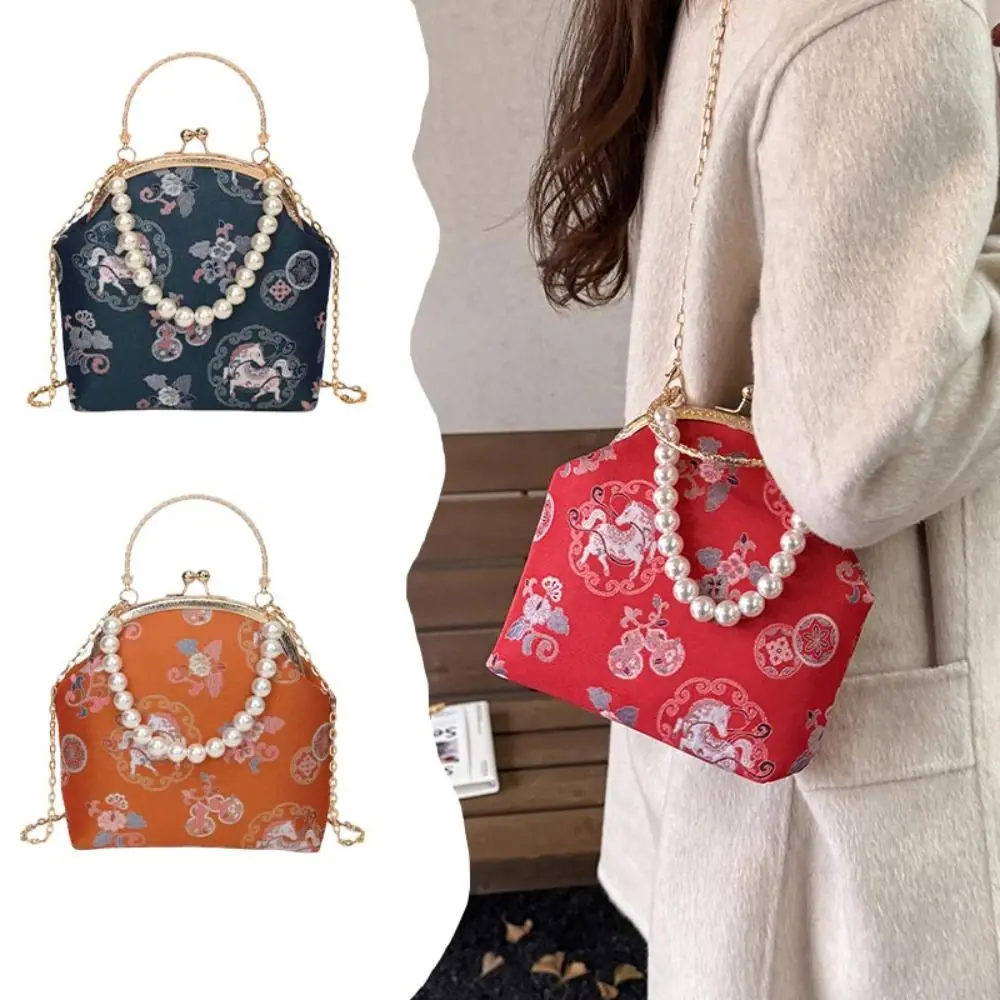 

Портативная жемчужная сумка в китайском стиле с принтом лошади, элегантный клатч Hanfu с ручкой, сумка на запястье на одно плечо, свадебная