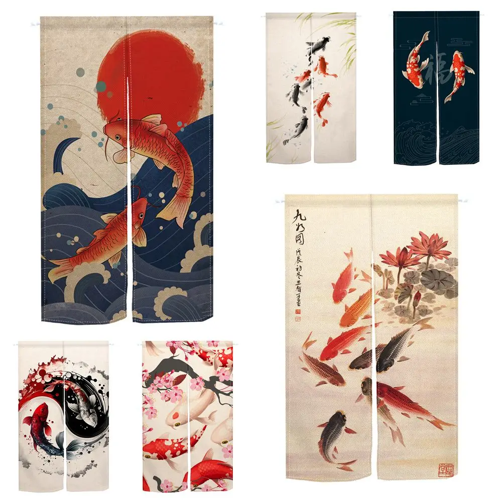 Koi Fish Japanese Style Door Curtain Kitchen Entrance Fengshui Drape Room Linen Fabric Home Entrance Hanging Decor Half Curtains
