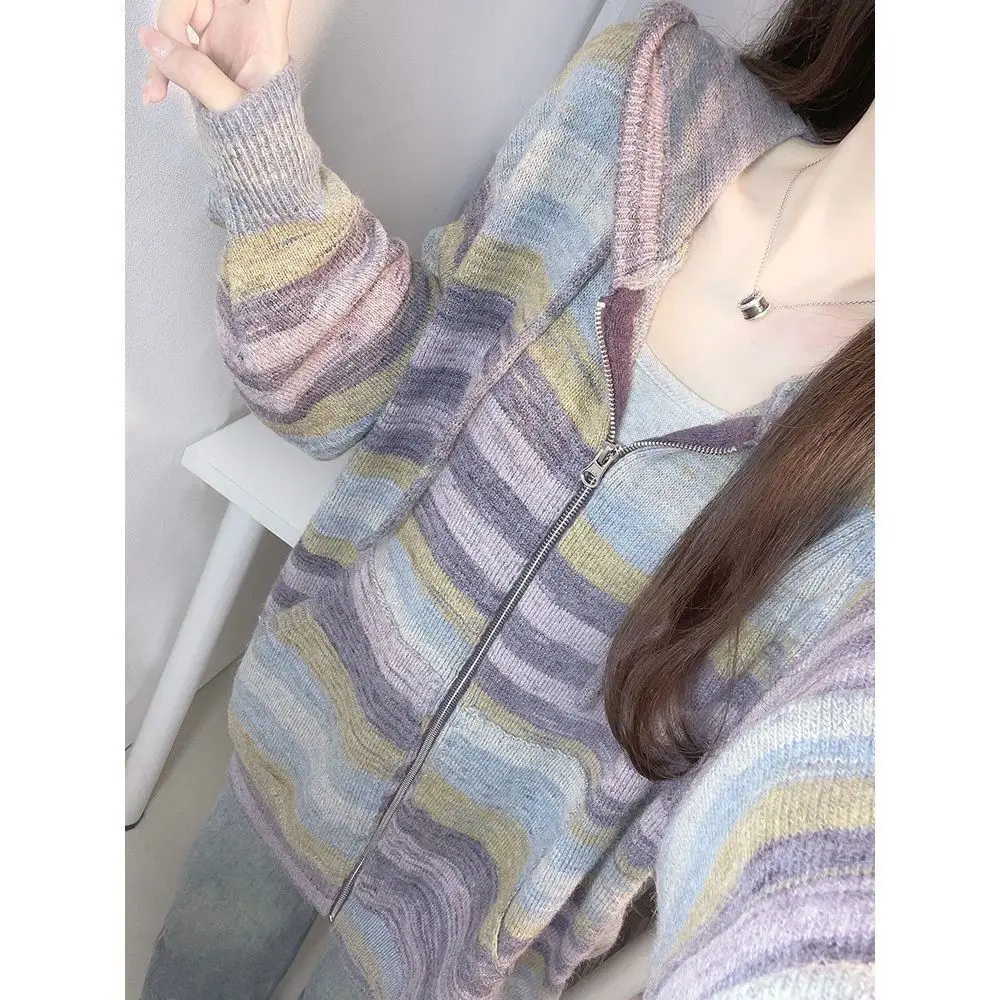 2023 Female Rainbow Hooded Cardigan Coat Autumn Winter New Fashion Stripe Zipper Jacket Women\'s Loose Casual Knitted Outerwear