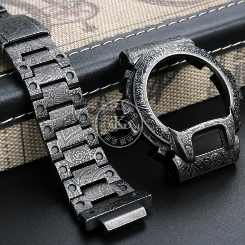 Retro Carved Bezel Watchband for Casio G-Shock DW6900 DW-6903 Metal Watch Case Bezel 316 Stainless Steel Strap Band Bracelet