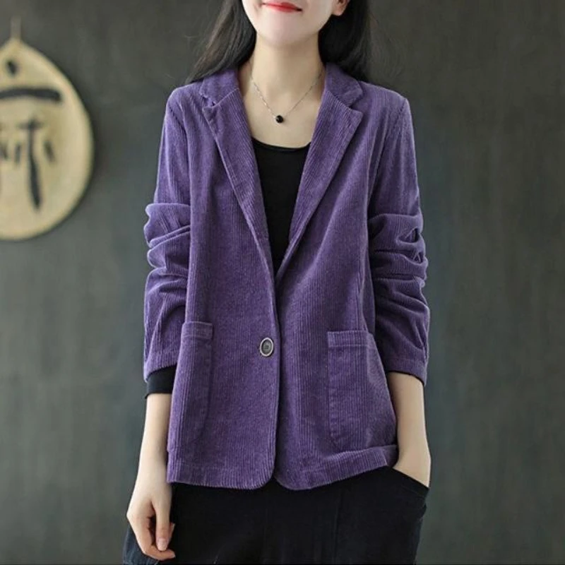 Corduroy Tailored Collar Solid Color Short Coat Women Autumn Now Long Sleeve Pockets Literature Art Vintage Casual Tops Jackets