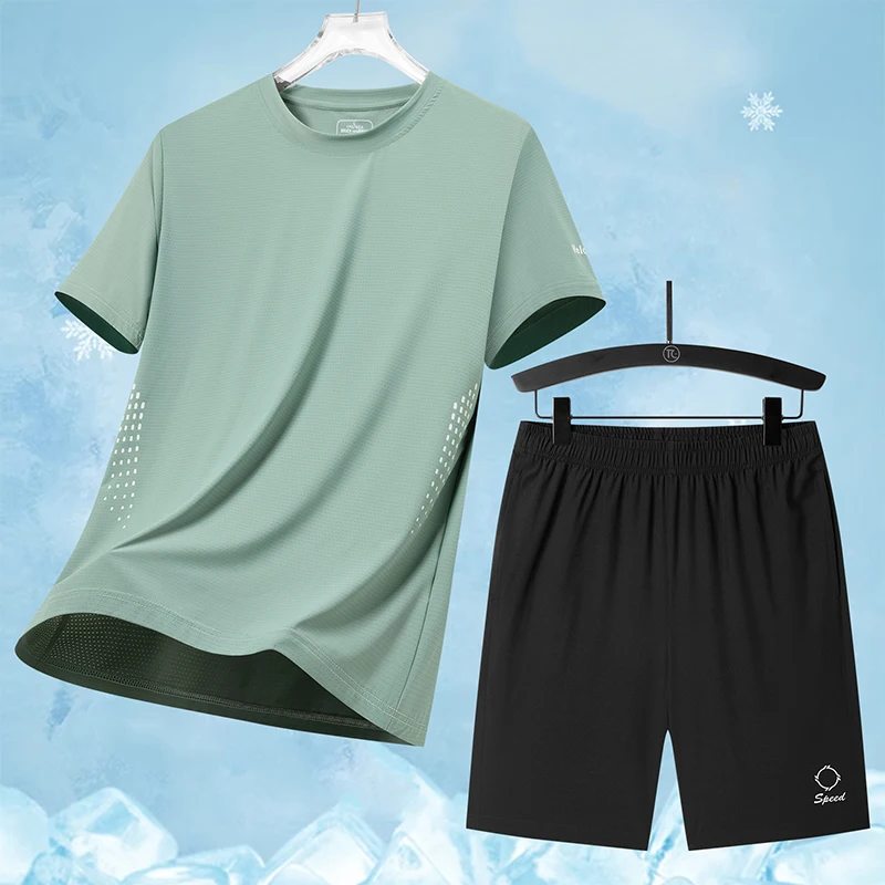 Trendy Ice Silk Sweat Absorbing Quick Drying Short Sleeve T-shirt Five Cent Shorts Set Men's Fashion Loose Leisure Sports Set
