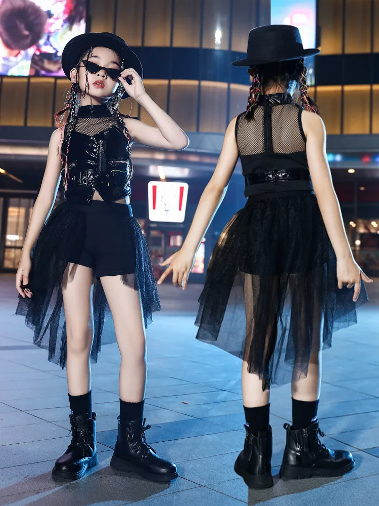 Model Jazz Dance Performance Dress Pu Leather Hiphop Catwalk Fashion Girls Fashion Clothing Performance Outfit Model T-Stage
