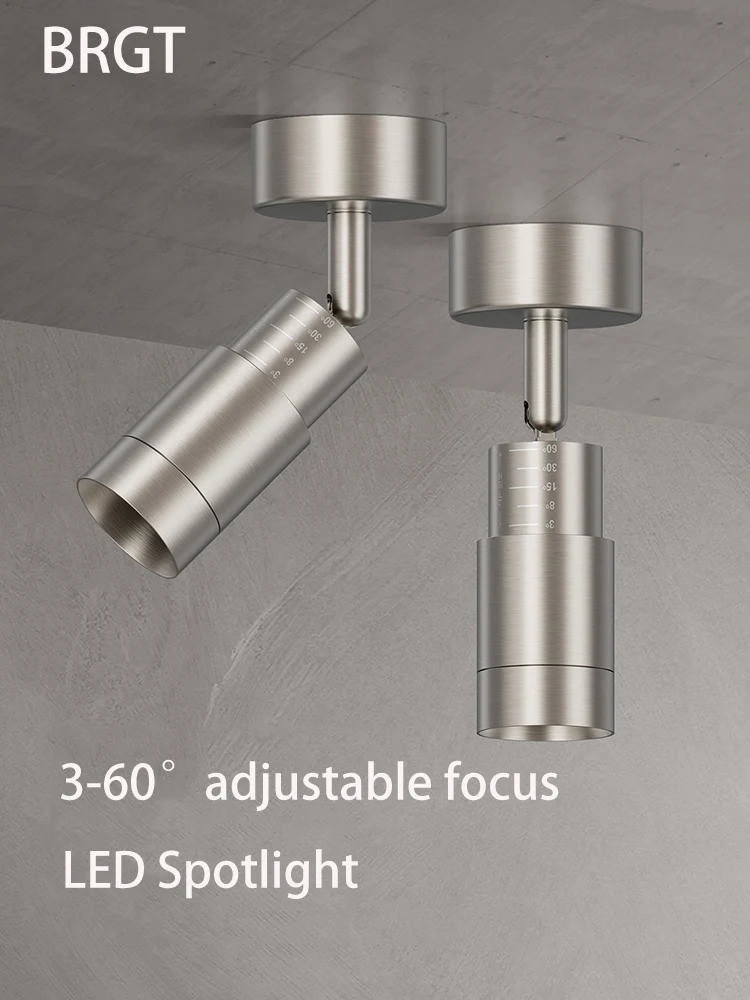 Led Spotlights Bauhaus Style 3-60 Degree Focusing Spot Light Zoom Nickle Color Surface Mounted Ceiling Lamp Adjustable Angle
