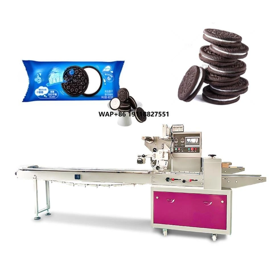 Automatic Horizontal Flow Packing Pillow Type Sandwich Round Waffle  Small Wafer Biscuit Packaging Machine